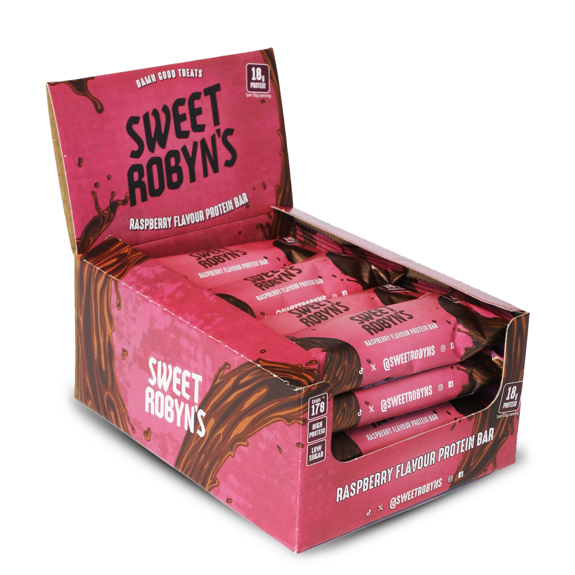 Box of 12 Sweet Robyn's raspberry protein bars on a white background