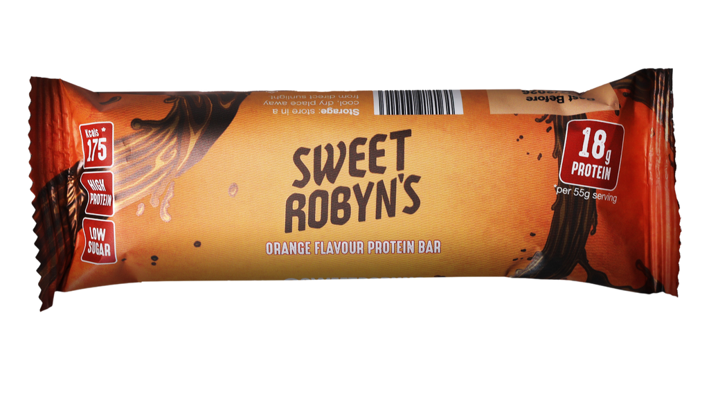 Orange protein bar with 'Sweet Robyn's' branding on a white background