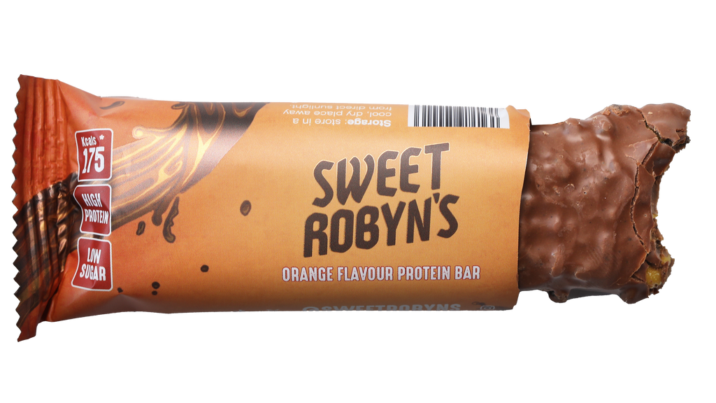 Sweet Robyn's Chocolate Orange Protein Bar with an open wrapper exposing the chocolate with a bite taken out of it