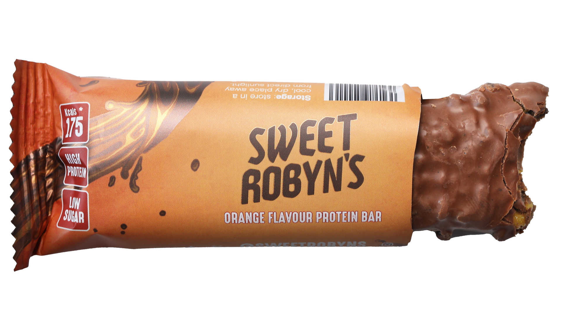 Sweet Robyn's Chocolate Orange Protein Bar with an open wrapper exposing the chocolate with a bite taken out of it