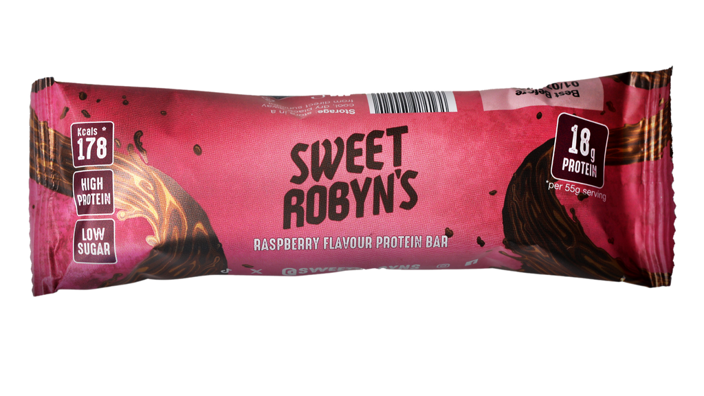 Protein bar packaging with 'Sweet Robyn's' branding on a white background