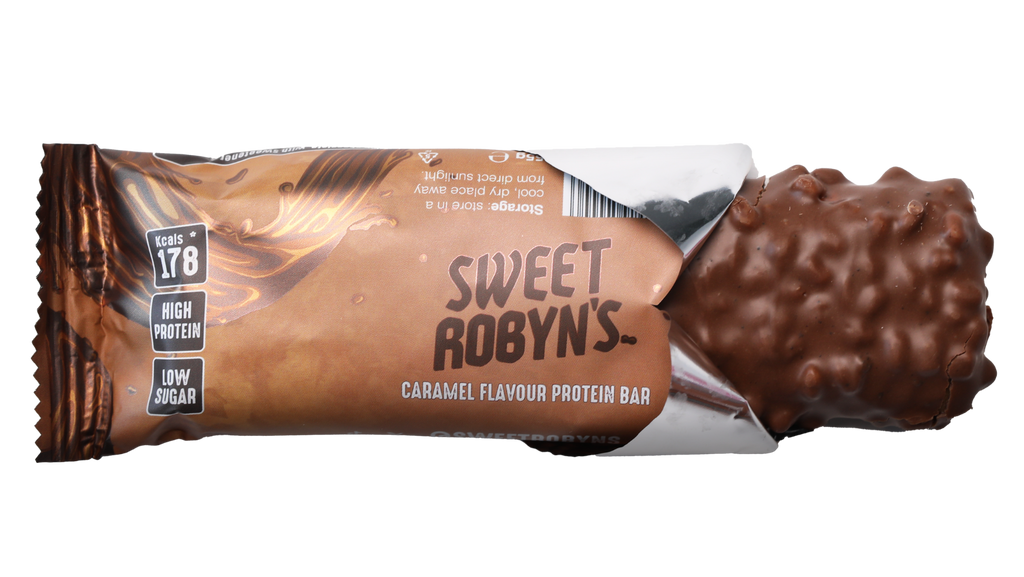 Sweet Robyn's Chocolate Caramel Bar with an open wrapper showing the delicious chocolate coating