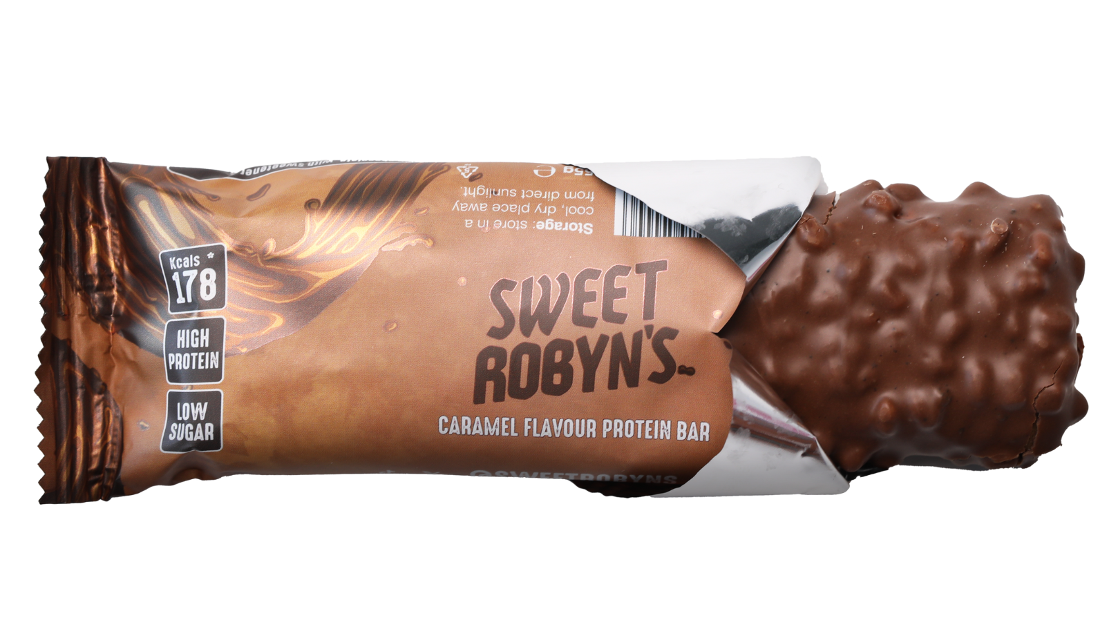 Sweet Robyn's Chocolate Caramel Bar with an open wrapper showing the delicious chocolate coating