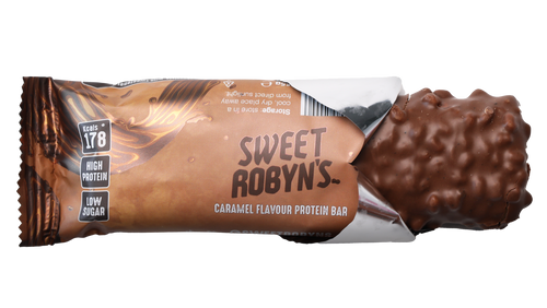 Sweet Robyn's Chocolate Caramel Bar with an open wrapper showing the delicious chocolate coating